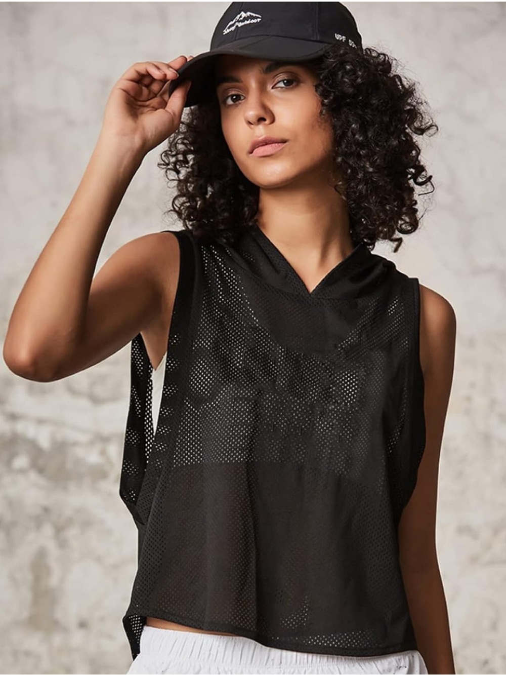 Black Mesh Sleeveless Hoodie Top